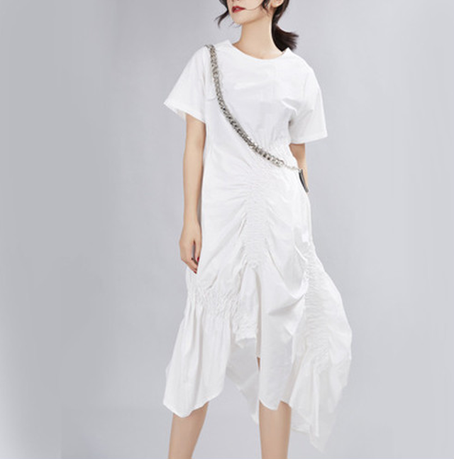 ホワイト フリーサイズ アシンメトリー ワンピース ドレス ミモレ丈 ギャザーライン セクシー きれいめ レディース 白 半袖 Agarage