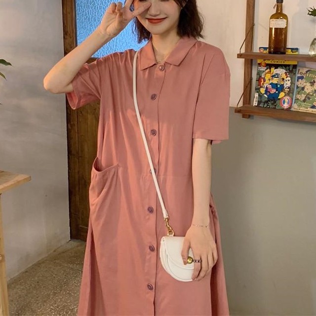 シャツワンピース くすみカラー 膝丈 ガーリー 大人可愛い ナチュラル デート おでかけ 春夏秋 Choco Chaco
