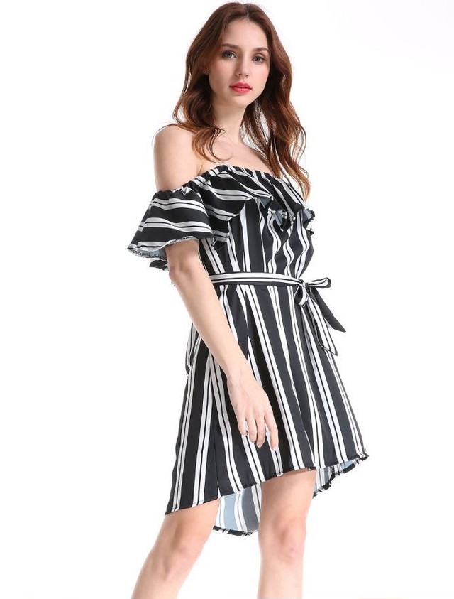 欧米風のストライプ シフォンスカー トチューブトップ ワードの襟のストラップレス フリルワンピース 522 Leaflower 001 リーフラワー レディースファッション専門店