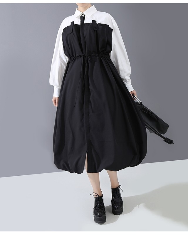 モード系 春ワンピ シャツワンピ バルーンスカート ハイウエスト ミモレ丈 大人きれいめ ウエストリボン 大人可愛め フェミニン 原宿系 代 30代 天使と悪魔 サブカル系ファッション Seasonz