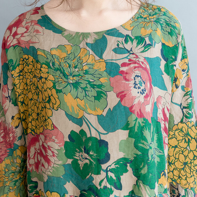 ロングワンピース マキシ丈 長袖 ラウンドネック 花柄 ボタニカル柄 大きいサイズ ゆったり エレガント エスニック レトロ 秋冬 お出かけ よそ行き Like Home