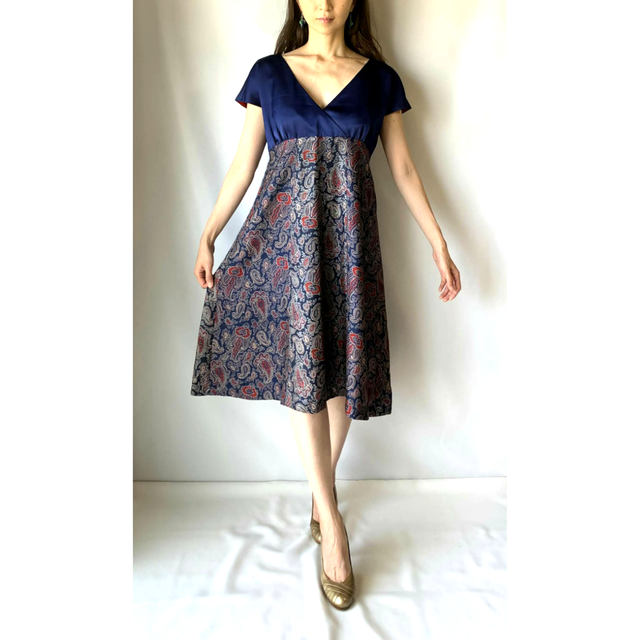 着物地ワンピース ペイズリー柄 ロイヤルブルー ２営業日以内発送 国内送料無料 1908d04 椿屋 Kimono Dress