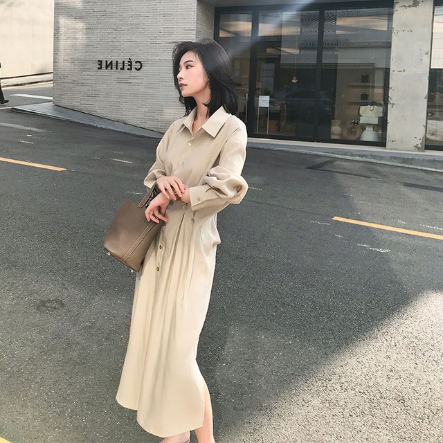 シャツワンピース ロング丈 シンプル 薄手 長袖 無地 襟付き コットン Aライン 羽織り アウター Select Shop Skry スクリー