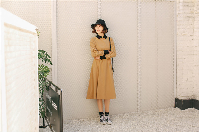 こっくり色シャツワンピース レディースロングスカート デイリーデート 茶色 カーキ アースカラー プチプラ通販 秋冬 Aライン B647 Idear