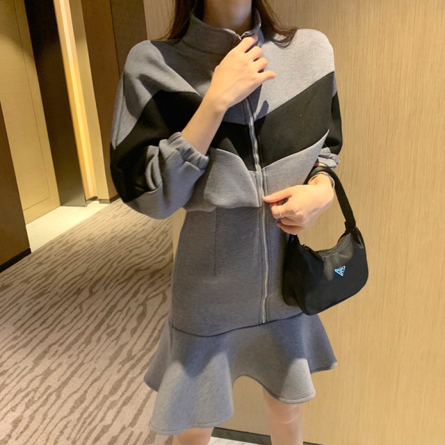 秋冬物 ワンピース ジャージーワンピース ジップワンピース 膝丈ワンピース 長袖 配色 フリル お出掛け デート Magnifique