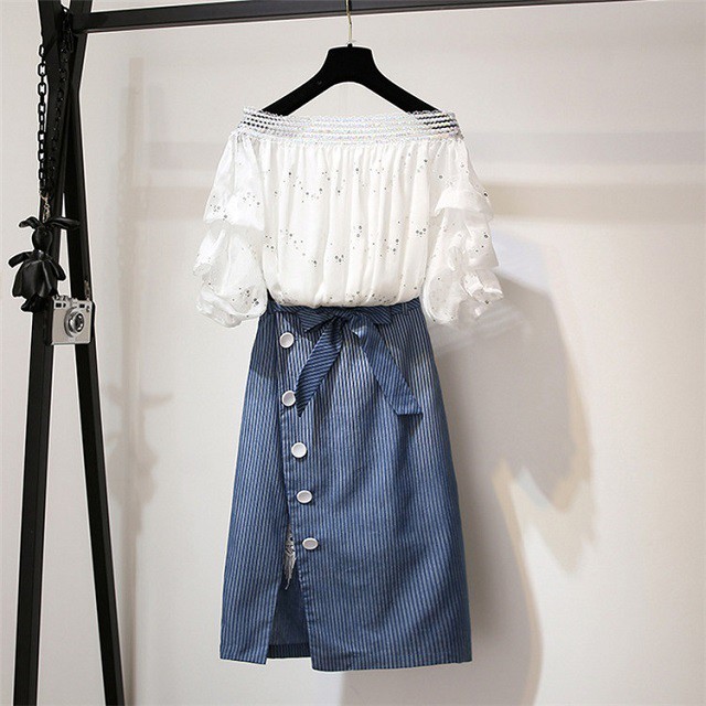 セットアップ レディース 春 夏 スカート ロング カジュアル 肩出し 2点セット シフォン ブラウス トップス きれいめ 体型カバー オシャレ 送料無料 大きいサイズ Ys0516 Fashion Mille