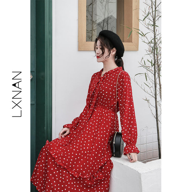 ワンピース レディース トップス 春 夏 ゆったり 体型カバー 大人可愛い きれいめ パーティー ドレス 結婚式 二次会 お呼ばれ デート よそ行き 披露宴 フォーマル トレンド シンプル レッド 柄ワンピース ひざ丈 フリル袖 Kanota