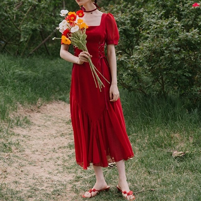 フリル裾 パフスリーブドレス ロング丈ワンピース スクエアネック 半袖 レースアップ レディース フォーマル 結婚式 お呼ばれ ドレス 代 30代 二次会 ワンピース パーティー ドレス R0081 Aeka Clothet Partydress