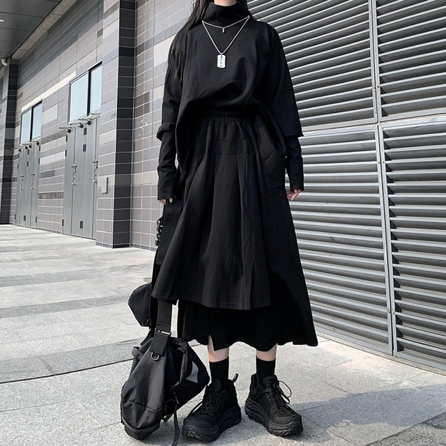 ゴシック系 ツーピース タートルネック レイヤー フレアスカート ロング丈 病み可愛い 原宿系 代 30代 オルチャン モード系ファッション専門店 With U