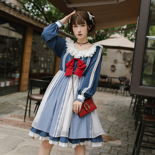 Lolita Op Dress ロリータドレス 長袖 ワンピース オリジナル クラロリ ロリィタ お茶会 撮影 Cosplay イベント 春 夏 秋 冬 ロリ S M L ブルー Mintcat Lolita Op Dress ロリータドレス 長袖 ワンピース オリジナル クラロリ ロリィタ お茶会 撮影 Cosplay イベント 春 夏 秋 冬 ロリ S M L ブルー Mintcat