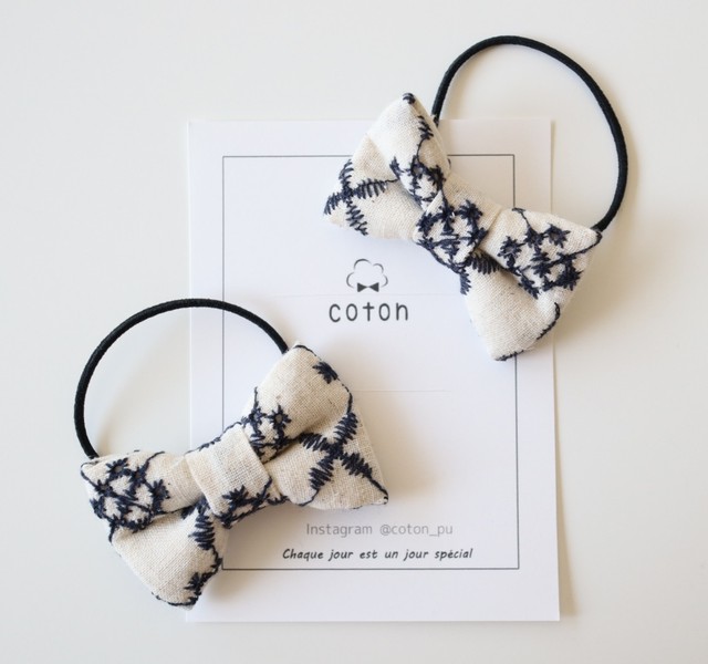 送料無料 リボン 刺繍 キッズ ベビー ヘアゴム Coton