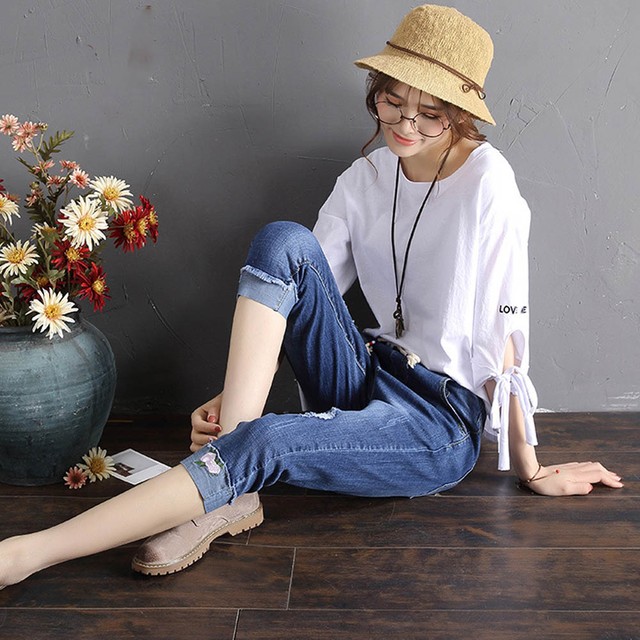 デニムパンツ 7分 ズボン ゴムウエスト ダメージデニム レディース ゆるいジーンズ レディース 韓国ファッション 直輸入通販 セクシーワンピース クールカジュアル 全品送料無料 Ukky Franky