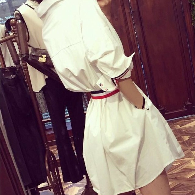シャツワンピース シャツワンピ ブラウス ベルト付き 長袖 白 ホワイト おしゃれ シンプル 無地 オフィスカジュアル 韓国ファッション K402 Korean Select 韓国ファッション オルチャンファッション