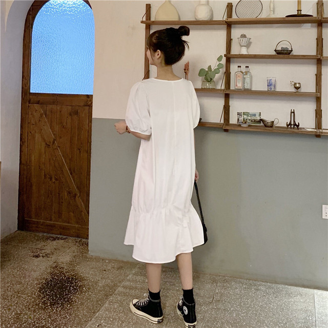 全2色 ギャザーアシンメトリーワンピース ミモレ丈 ナチュラル リラックス ラウンドネック 春夏 お出かけ デート 女子会 デイリー 半袖 パフスリーブ くすみカラー アースカラー 無地 Arroser
