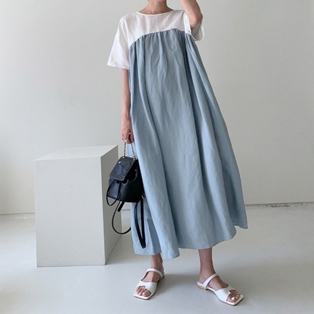 ブレスト切替ツートンワンピース ブルー ブラック Dr378 Irodoriina