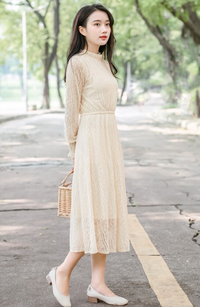 ワンピース レース レースワンピ レディース 秋冬 ミモレ丈 長袖 ハイネック レトロ ガーリー プチプラ Ab1903 Valentina210