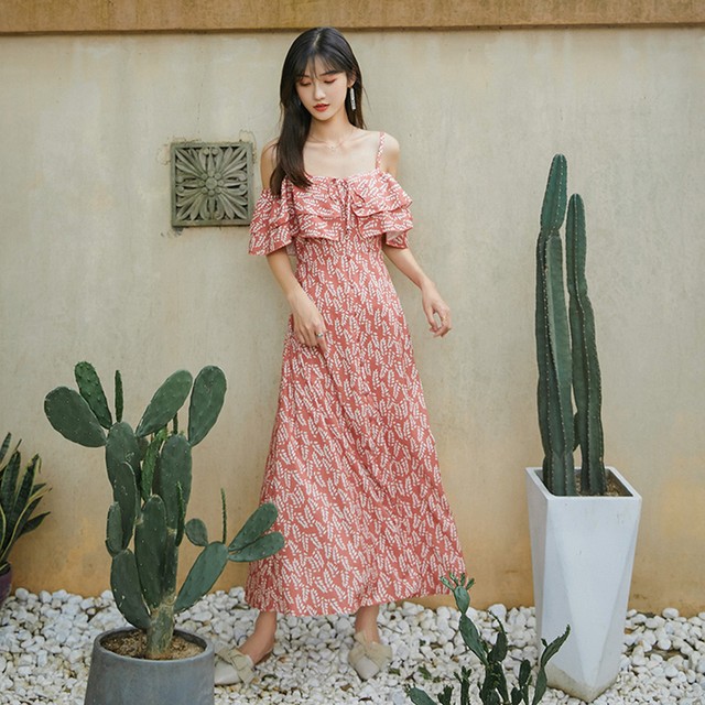 マキシ丈ワンピース オフショルダー 半袖 シフォンワンピース ロング リゾートワンピース フレア 肩出し プリント おしゃれ レディース 春夏 ボヘミアン 大人 Officewalaa オフィスワラア レディースファッション スタイル