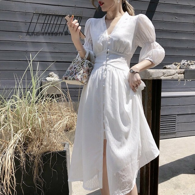 Vネック前ボタンパフスリーブワンピース ホワイトワンピース Liliana