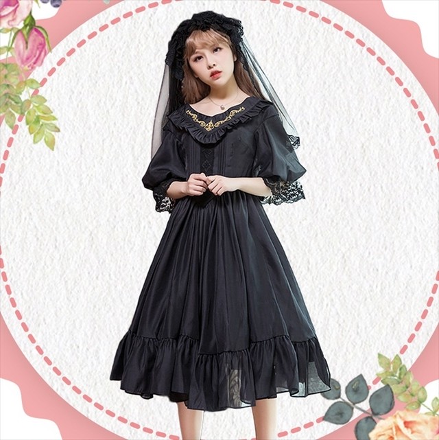 ゴスロリ ワンピース 姫ワンピ 7分袖 袖コン レース ゴシック調 甘ロリ 天使 悪魔 フリル リボン ロリータドレス ガーリー ブラック ホワイト 病みかわいい 原宿系 フェス 天使と悪魔 サブカル系ファッション Seasonz