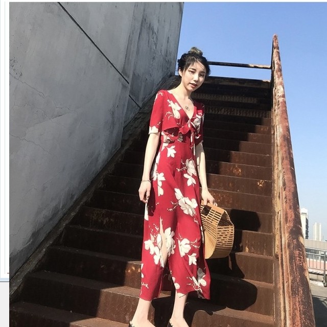 サマー ドレス リゾート アロハ ワンピース リゾートワンピース ボタニカル ハイウエスト おしゃ マキシ丈 カシュクール 花柄 サマードレ Basecamp49