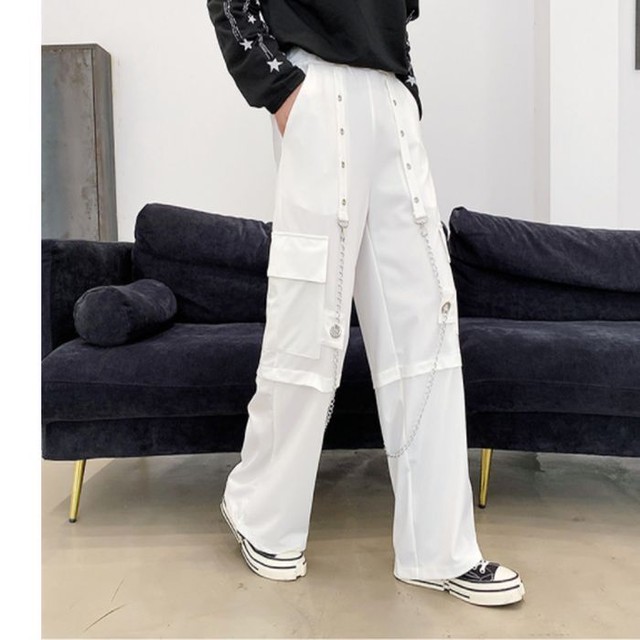 ワイドパンツ メタルチェーンカーゴ風 デザインパンツ メンズ ブラック 黒 ホワイト 白 モード パンク 韓国 お支払い後日以内に発送 Btm161 Loveless