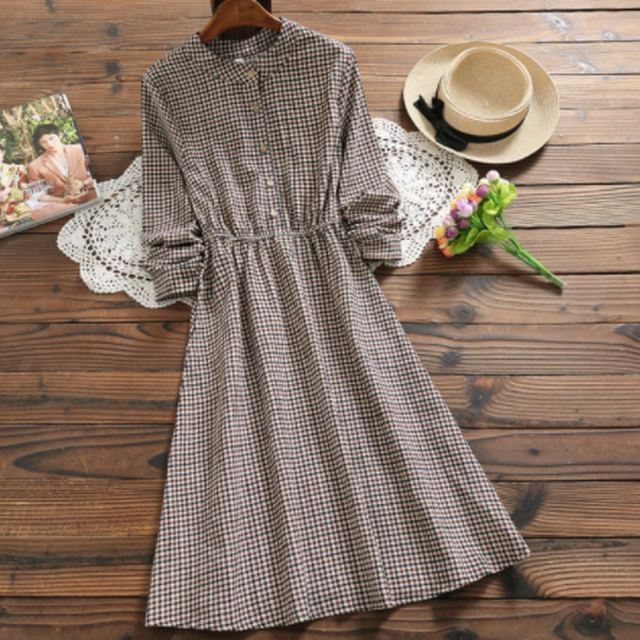 森ガール ワンピース チェック柄 グレー 秋冬 カジュアル スタンドカラー コーデュロイ Cinderella Story