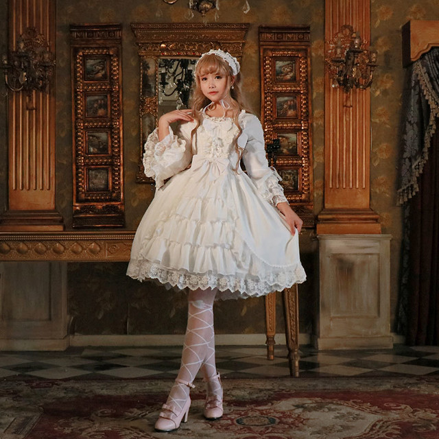 L即納 ロリータドレスワンピースのみ ロリィタ パーティーフラワー レース オリジナルデザイン 甘ロリ 白ロリ インスタ映え Luxury