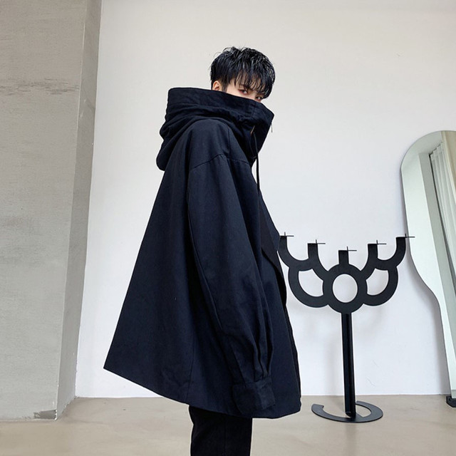 ビッグフード バルーン モッズコート メンズ ユニセックス モード系 黒 ブラック ロングコート ロング丈 ビッグシルエット オーバーサイズ ビッグパーカー バルーン ワイド フレア 変形 レイヤード ゴシック 韓国 原宿系 個性的 モノトーン ガウン お支払い後日以内に