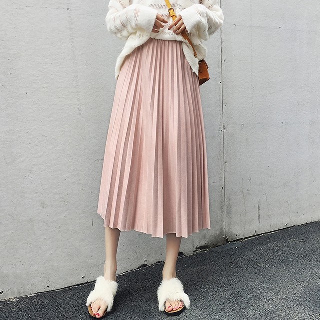 スカート スエード プリーツスカート ミモレ丈 ロング丈 秋 冬 ブラック ピンク ダークグリーン ブルーグレー カーキ 2390 Sweet Girl Fashion