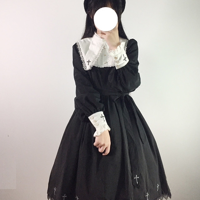 ロリータ修道女スタイル長袖op ワンピース クロス 黒ロリ ゴスロリ フリル ティアード Cnalb311 Luxury
