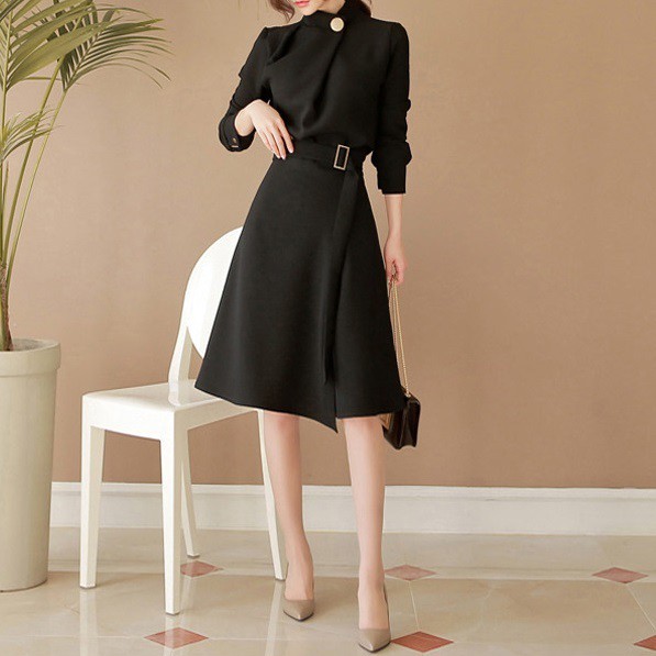 スタンドカラー Aラインワンピース 膝丈 フレアスカート 長袖 春服 秋服 通勤 レディース I0162 Aeka Clothet For Worker