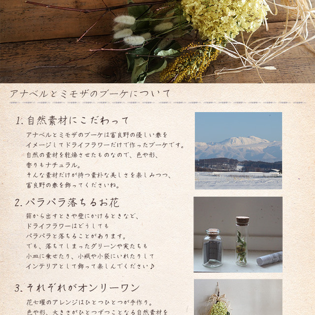 アナベルとミモザのブーケ ドライフラワー 富良野 花七曜 ドライフラワーショップ