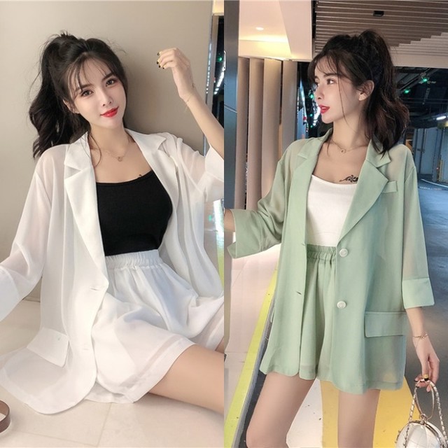 セットアップ レディース 夏 スーツ 上下セット 韓国 ファッション 夏服 レディース 薄手 シャツジャケット ショートパンツ 2点セット シフォン セットアップ ホワイト グリーン ニュアンスカラー シャーベットカラー 夏のセットアップ Vestito