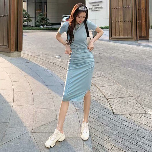 初回限定 全2色 タイトワンピース スリット 大きいサイズ 無地 シャーリング 着痩せ L 6l 国内最安値 Diquinsa Com Mx