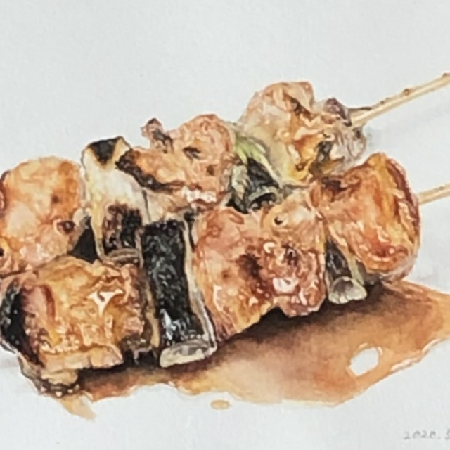 イラストb5 焼き鳥 水彩手描き原画 フレーム付き 手しごとのやまだ屋 一 水彩イラスト 暮らしの雑貨 一