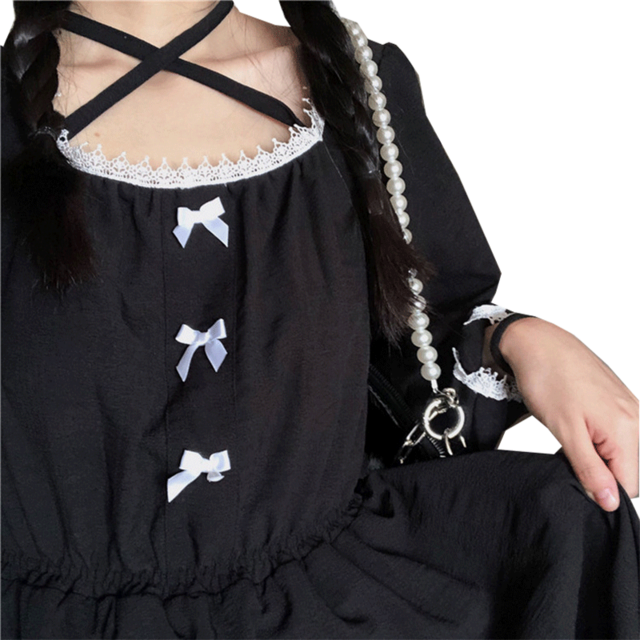 おしゃれなガーリー ダーク レトロ ゴシック 韓国ファッション 韓国 オルチャン 秋 冬 学生ファッション ワンピース Nonnonnine