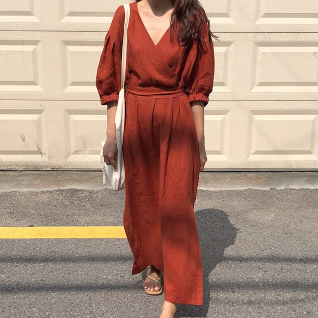 テラコッタカラーが旬 カシュクール秋ワンピース ワンピース 薄手 ロング マキシ丈 カシュクール 七分袖 無地 ベージュ ブラウン サイドスリッド ガ リー 女っぽ カジュアル 秋 冬 テラコッタ トレンド Sugar Daystyle シュガーデイスタイル