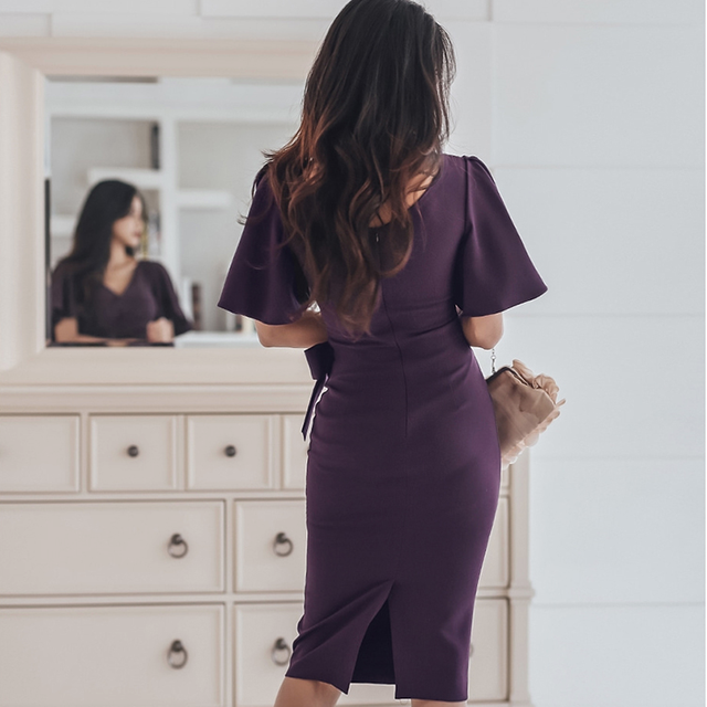 ワンピース ミドル丈 ワンピース ダークパープル 春夏 シンプル 入学式 卒業式 オフィス 韓国 同窓会 無地 セクシー ドレス 細身 大人 パーティ フレア フレアスリーブ レース ウエストリボン 韓国 アパレル 雑貨 スマホケース レディースファッション専門店 Obolo