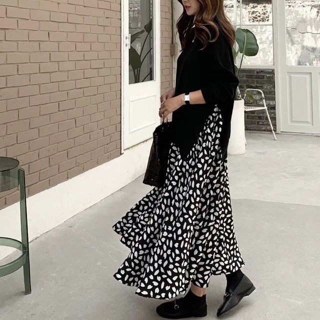 長袖フェイクツーピースワンピース 花びら柄 春秋 ワンサイズ 2色 C526 Creer Store