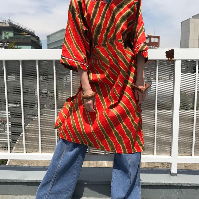 Vintage African Batik Orange Cotton Dress ヴィンテージ アフリカン バティック コットン ワンピース Riyad Vintage Shop