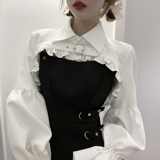 天使と悪魔 Pinksavior ゴスロリ ボレロ ブラウス 袖コン ハートバックルベルト 可愛い バルーンスリーブ 病み可愛い 原宿系 オルチャン 10代 代 天使と悪魔 サブカル系ファッション Seasonz