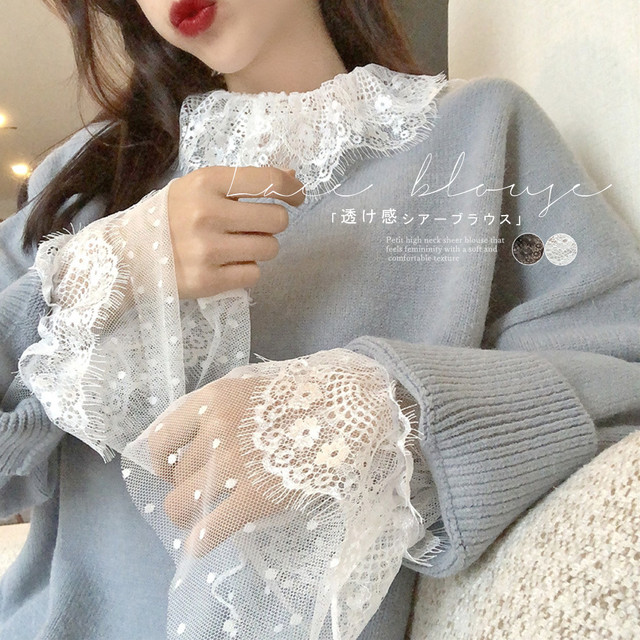 シアーブラウス レディース レーストップス 透け感 フレアスリーブ シースルー プチハイネック ざっかちゃんの店