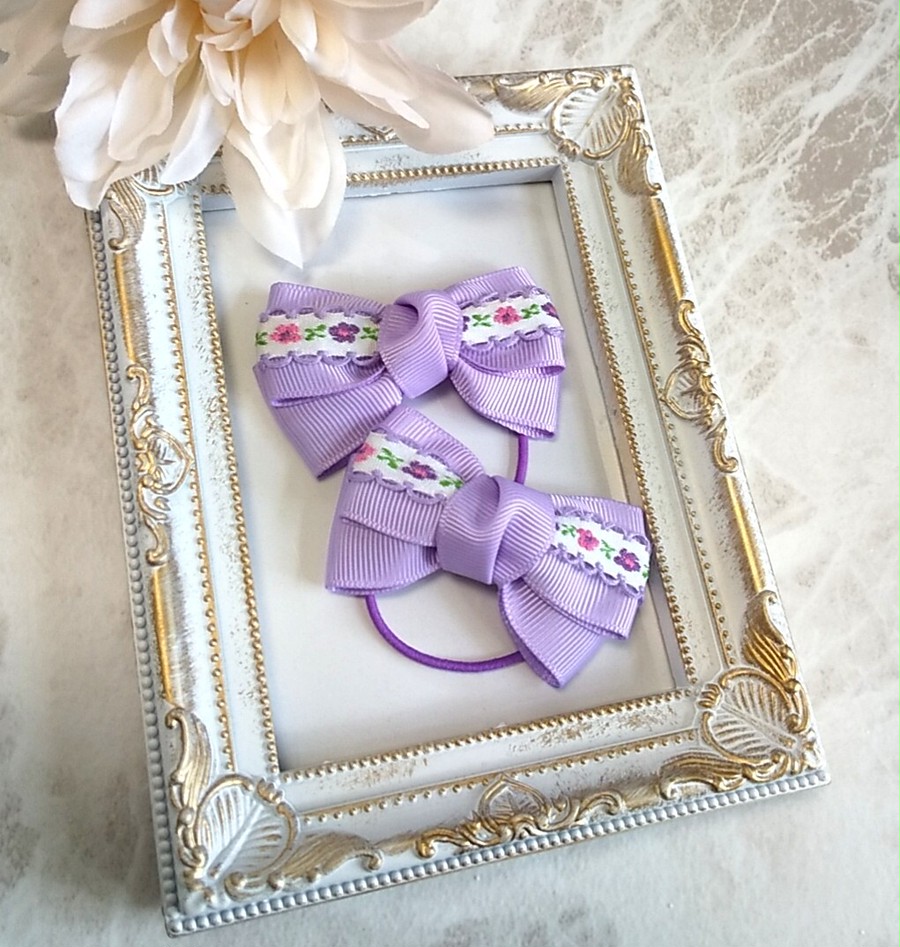 ぷちヘアゴム】 紫のお花刺繍 パープル リボン 2個セット | RyuRyu-bon 