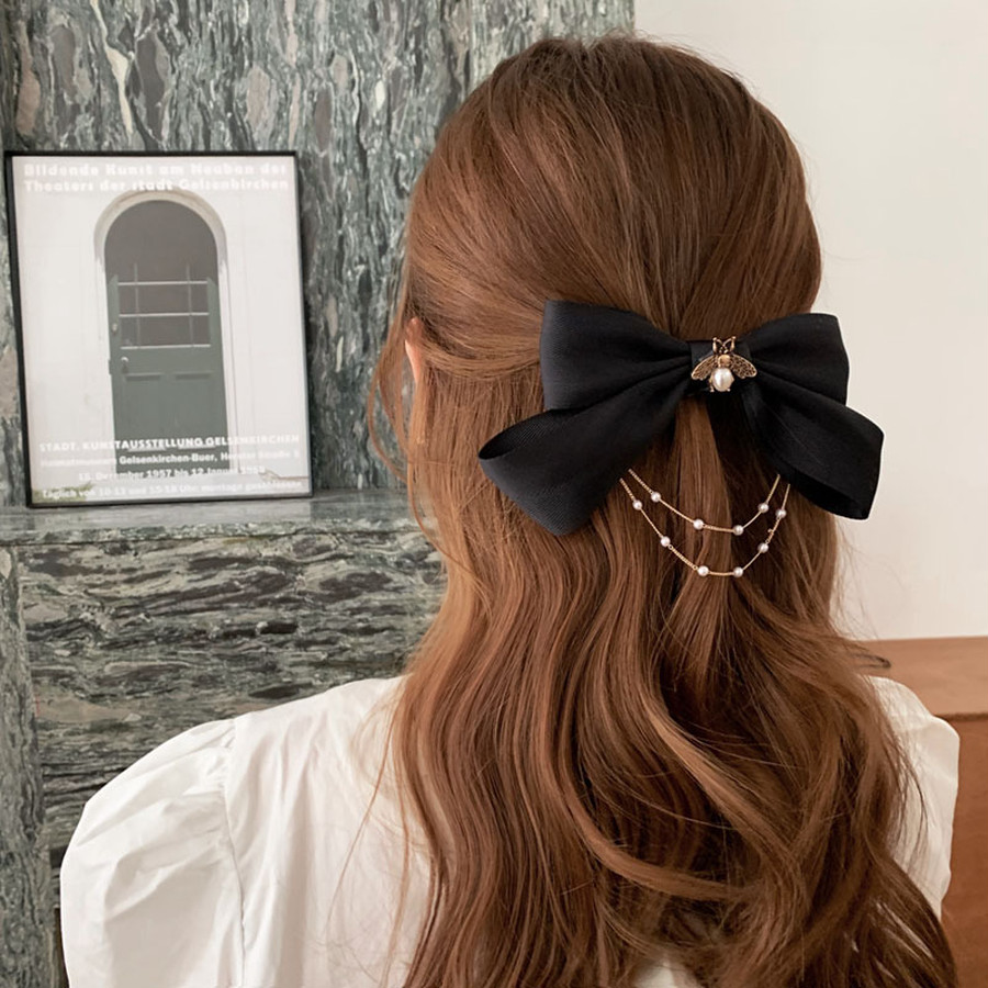 新品◇ブルーグレー◇パールチェーン◇リボン◇ヘアアクセサリー◇髪