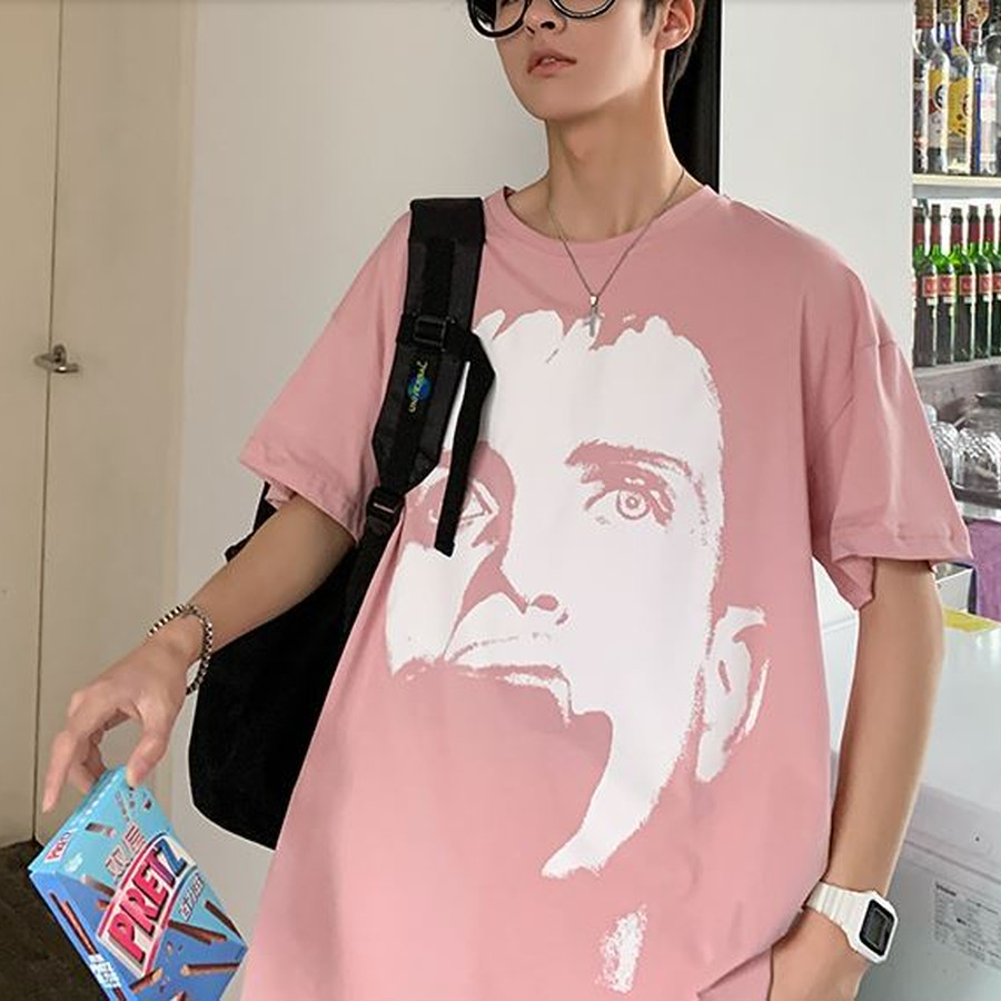 ゆったりシルエット Tシャツ ピンク ビッグフェイス 韓国 個性派 メンズ ストリート ダンス Ppコレクション