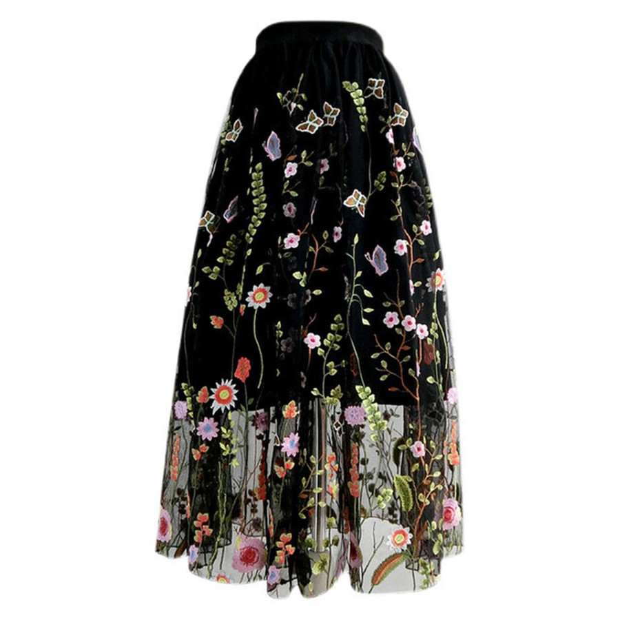 Sheer flower embroidery skirt 《ブラック》