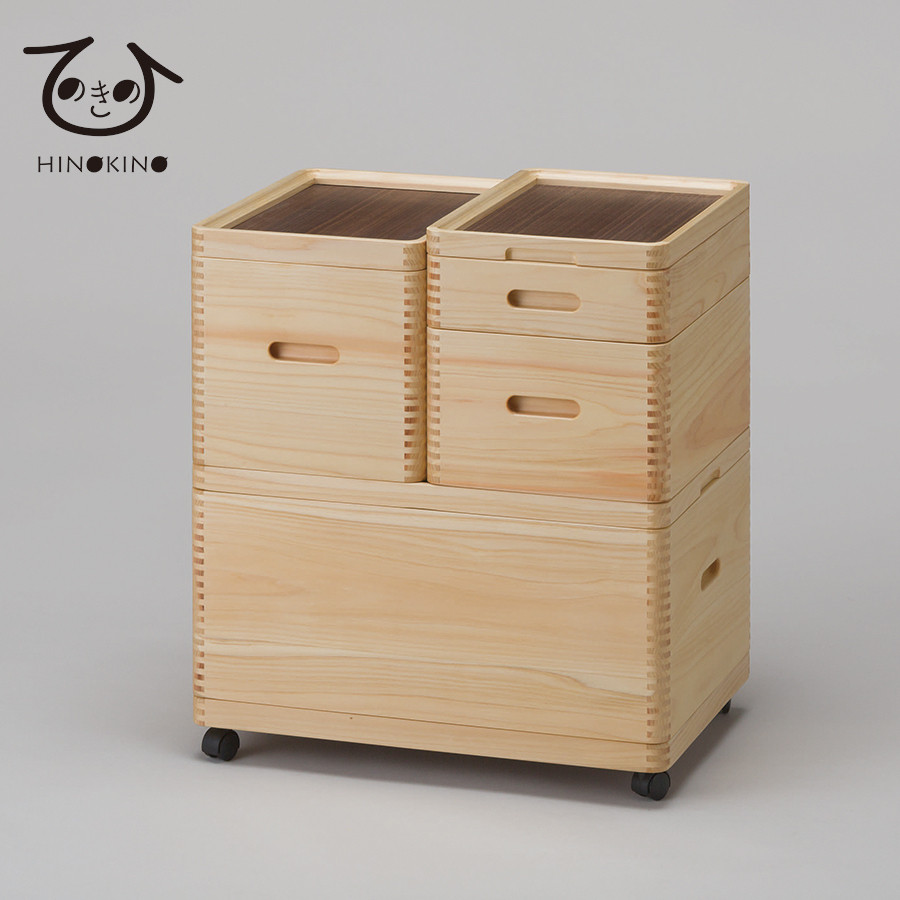 静岡県産ひのき材使用。すべての箱は、積み重ねて収納できます。